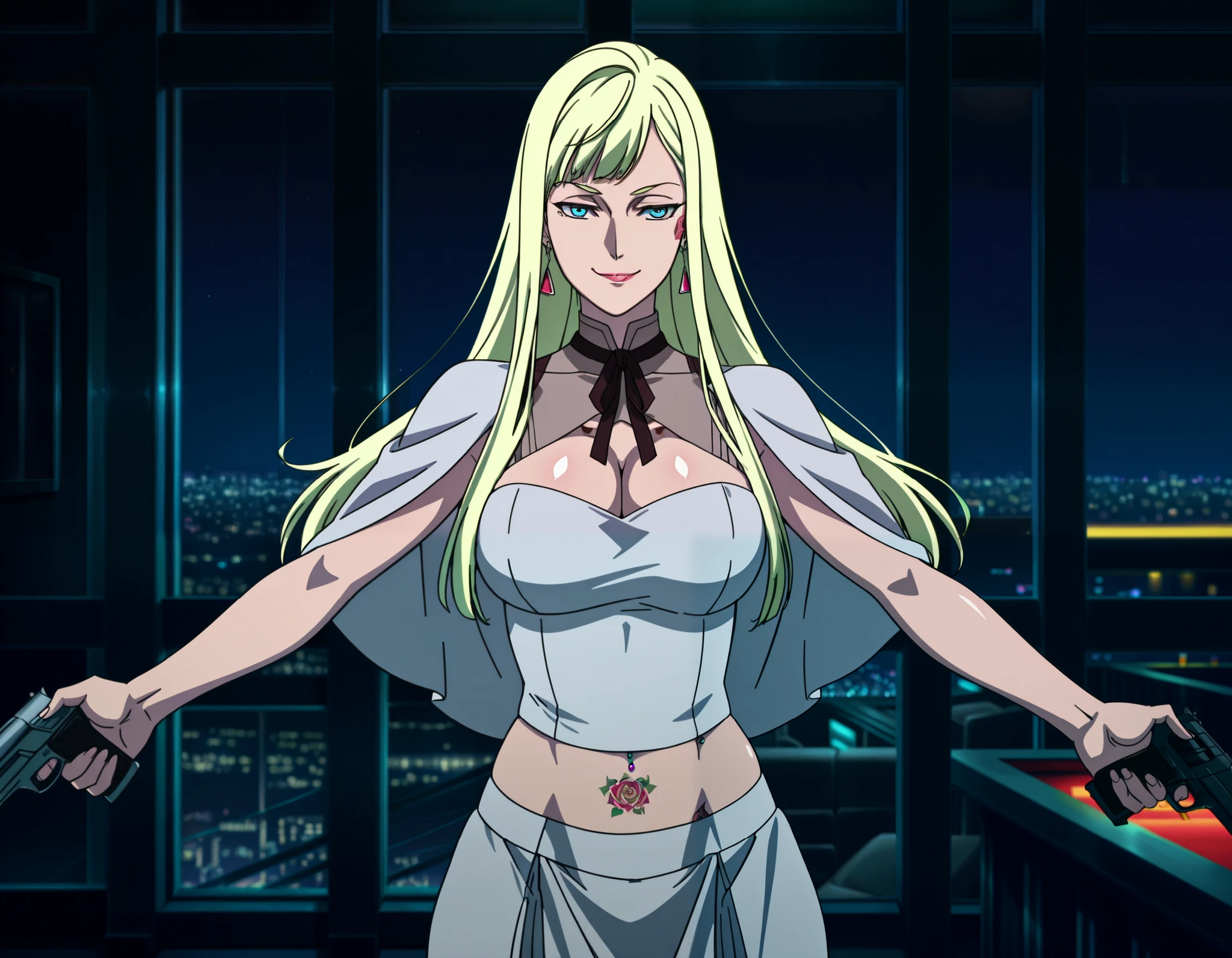 1girl,solo,Andalucia,blonde hair,long hair,blue eyes,earrings,anime coloring,in space,large breast,window,
necktie,white dress,white capelet,lipstick,, arm up,looking at viewer, smile,indoors,  evil smile, smile, (nsfw) not safe for work,  cleavage,
indoors, bar background, inside bar, nightclub, city lights, dragon tattoo, tattoo on body, tattoo midriff, rose tattoo, shiny skin,holding a gun, holding pistol , open arms sideway, arms T-pose, smirk, standing, anime girl T posing, navel piercing
