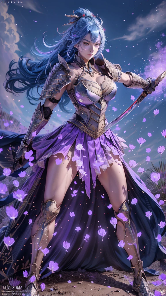  A young Japanese woman , warrior,  Wicked Expression ,,Combat Stance, wielding a sword,  very detailedな,  full body view,(spread legs),    Brilliant Appearance , Creative Action,  Extremely Detailed , Imaginative,  sensual,  Spontaneous ,  top quality,  skin texture,  ((long hair)),  ((hair over eyes)),  ((midnight blue hair)),   toned body,  ((huge breasts)),  Big Breasts,   plump thighs,   purple armor with a thistle flower pattern engraved on it is a bikini type and is designed to emphasize chest exposure,  ( Wear a black cloak with a thistle flower pattern ),  peplum skirt,   black shin guard with thistle flowers engraved ,  White high-leg underwear ,  Black tights,   absolute domain,  intricate details , ( Cinematic Lighting ),  Dramatic lighting,  ((Clear Sky Thunderbolt)),  (( Full bloom thistle flowers are blooming in full bloom in the background )),  (( Large thistle flowers blooming in full bloom on the front )),    RAW photos , 8k, masterpiece,   top quality, ultra detailed , Extremely Detailed イラスト, very detailed,  intricate details , high definition ,超 intricate details, very detailed 8k cg wallpaper,