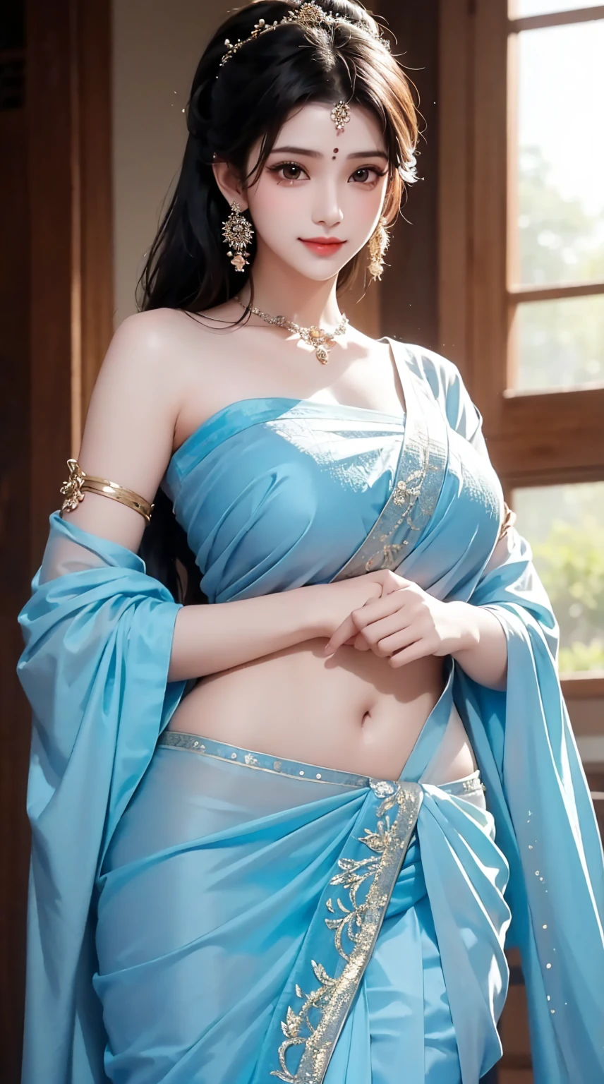 1girl, cute face,pretty face, jaw dropping beauty, cute smile, indian girl, cute indian girl, bindi, ((beautiful bindi)), ((beautiful shiny accessories)), accessories, pony tail,((sanskari dress)), ((pure kapde)),full saree,((full light blue saree)),((ultra high detailed 1.9)),((ultra high resolution 1.9)),((ultra high quality 1.9)),(masterpiece)), (perfect lightings), (very Big breasts 1.9)), ultra huge breast , showing her sexy figure 