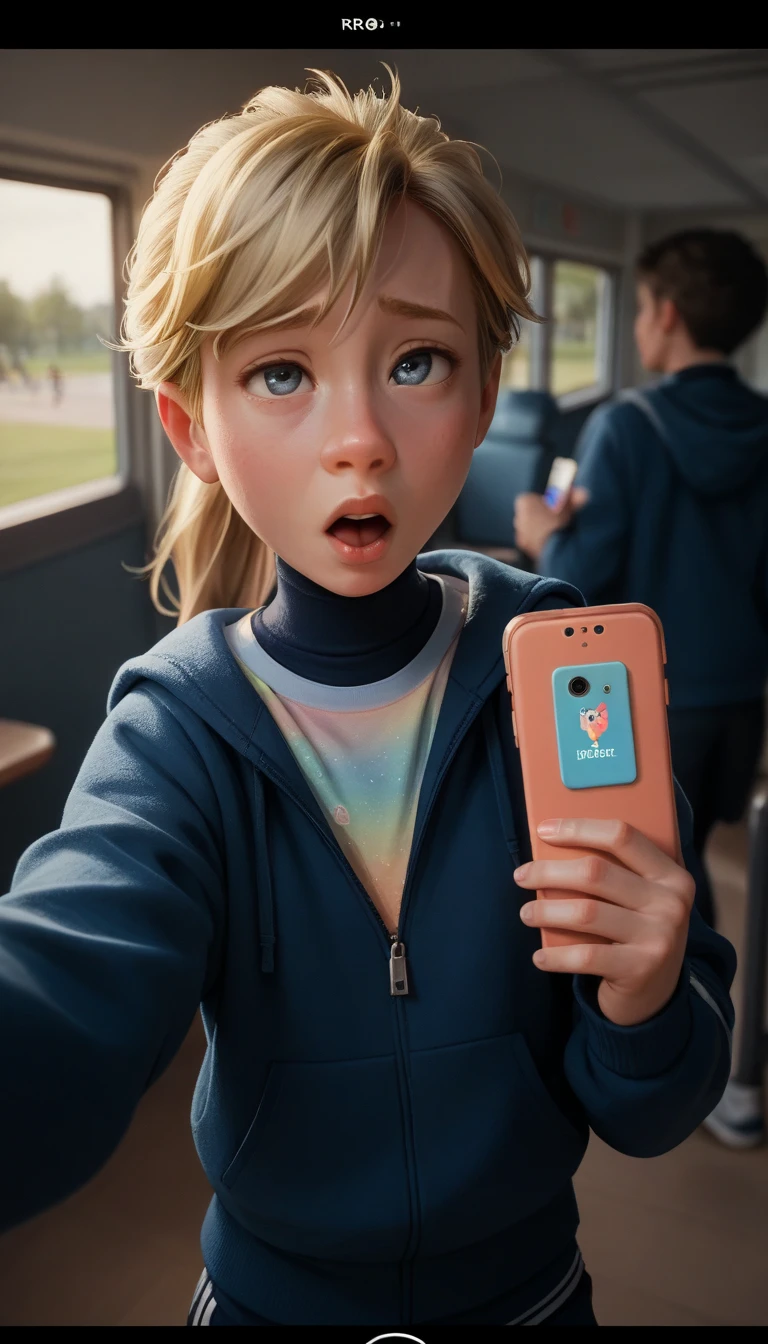 , ri_, 1 ,  blonde hair ,  ponytail, portrait, just the face, ahegao, peace sign,  from the front , Selfie, device, cell phone, runner, school