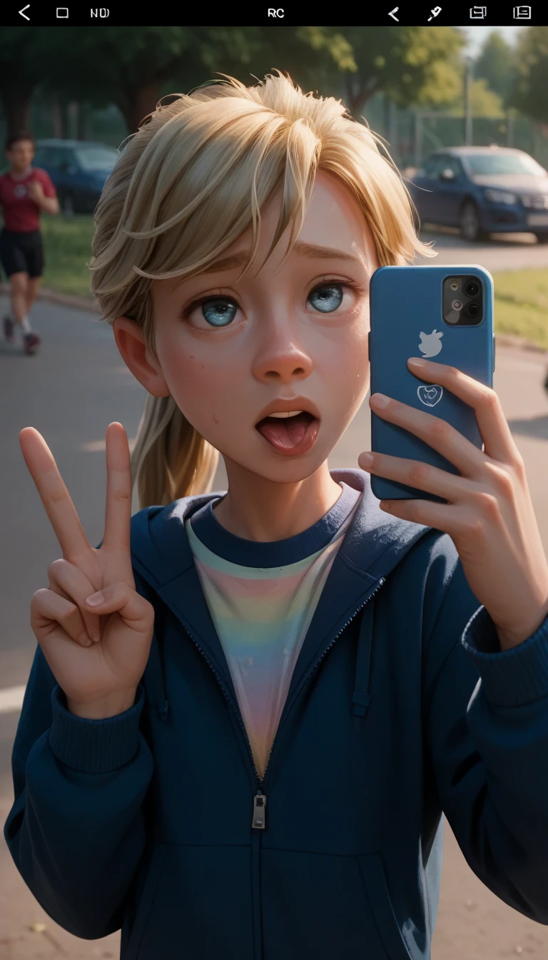 , ri_, 1 ,  blonde hair ,  ponytail, portrait, just the face, ahegao, peace sign,  from the front , Selfie, device, cell phone, runner, school