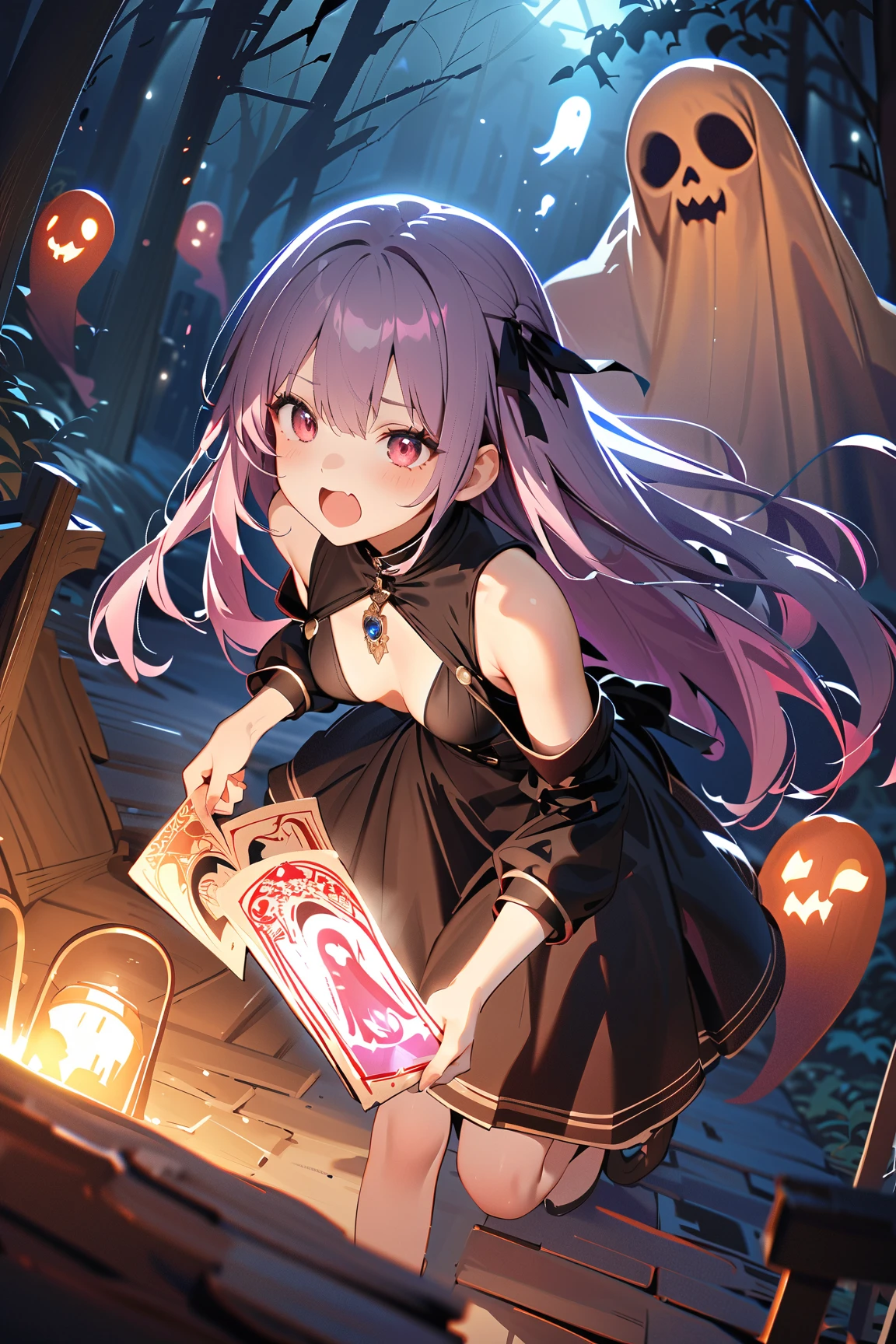 1 girl, (cute face), , long hair, (panicked expression), (wide open mouth), medium breasts, slim, (wearing a whimsical priest outfit with colorful details), above knee length, (lightly tanned skin),  
BREAK  
Creepy graveyard, glowing ghost, (holding a talisman and backing away:1.2), (eyes darting in fear:1.2), outdoors  
BREAK  
(mysterious lighting, eerie shadows, colorful ghostly effects), humorous spooky atmosphere, action shot, character focus,  
BREAK  
high fantasy, game cg, absurdres, highres, ultra detailed, beautiful, (masterpiece), (best quality:1.2),
