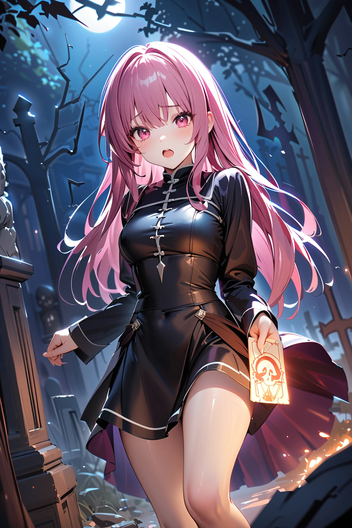 1 girl, (cute face), , long hair, (panicked expression), (wide open mouth), medium breasts, slim, (wearing a whimsical priest outfit with colorful details), above knee length, (lightly tanned skin),  
BREAK  
Creepy graveyard, glowing ghost, (holding a talisman and backing away:1.2), (eyes darting in fear:1.2), outdoors  
BREAK  
(mysterious lighting, eerie shadows, colorful ghostly effects), humorous spooky atmosphere, action shot, character focus,  
BREAK  
high fantasy, game cg, absurdres, highres, ultra detailed, beautiful, (masterpiece), (best quality:1.2),
