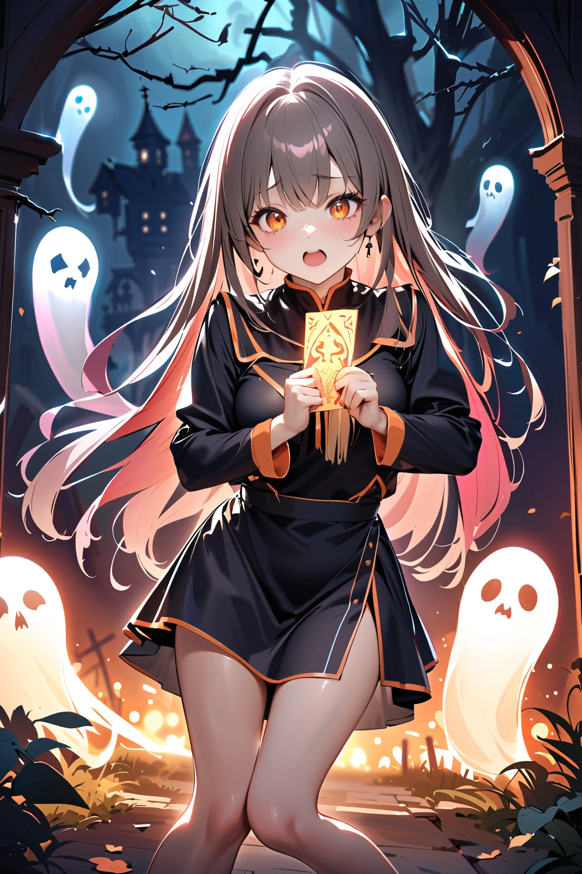 1 girl, (cute face), , long hair, (panicked expression), (wide open mouth), medium breasts, slim, (wearing a whimsical priest outfit with colorful details), above knee length, (lightly tanned skin),  
BREAK  
Creepy graveyard, glowing ghost, (holding a talisman and backing away:1.2), (eyes darting in fear:1.2), outdoors  
BREAK  
(mysterious lighting, eerie shadows, colorful ghostly effects), humorous spooky atmosphere, action shot, character focus,  
BREAK  
high fantasy, game cg, absurdres, highres, ultra detailed, beautiful, (masterpiece), (best quality:1.2),
