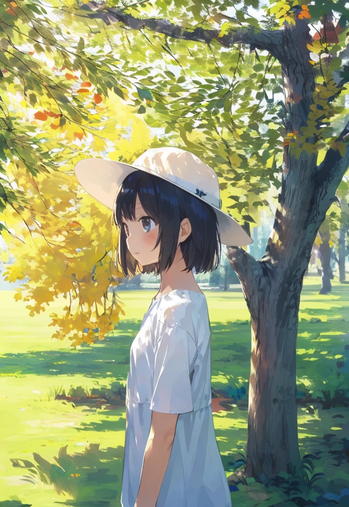  1 girl, Alone,  has ,  outdoors, sun  has , tree, day,   white headwear ,  short hair, from side,  upper body, white  dress, nature, scenery,  dress,  black hair,  shirt, まだら模様のday光 dayの出, reflection,  outdoor, Vista, ( illustrations:1.0), masterpiece,  top quality,  