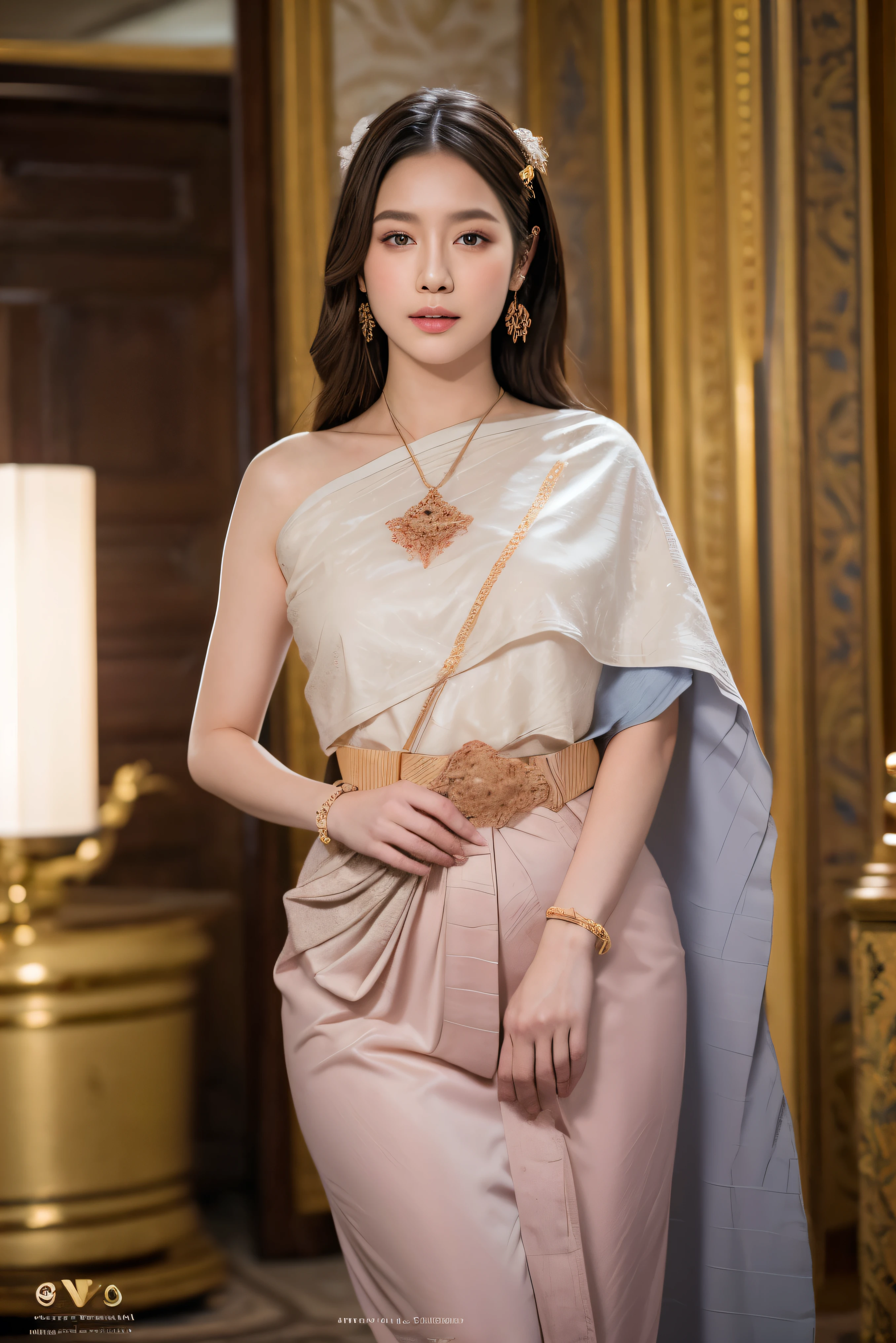 (RAW photos:1.2), (realistic:1.4), (Masterpiece:1.3), (best quality:1.4), Ultra high resolution, (Detailed eyes), (Detailed facial features), (Detailed clothing features), HDR, 8K resolution, focus only, Dressing according to Thai tradition, Traditional shawl , 1 woman , big breasts, A gigantic rift, big breastsดันเสื้อผ้า, big breast, Breasts are fully grown., Breast augmentation., small waist, Long legs, Facing the audience, full body, depth of field, Cinema-grade lighting system, big breasts, A wide open face that cannot be completely closed, nsfw