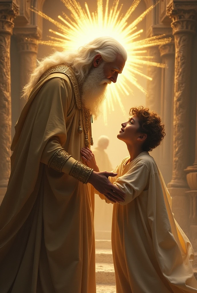 He is a teenager and the man with angel has to be beardless