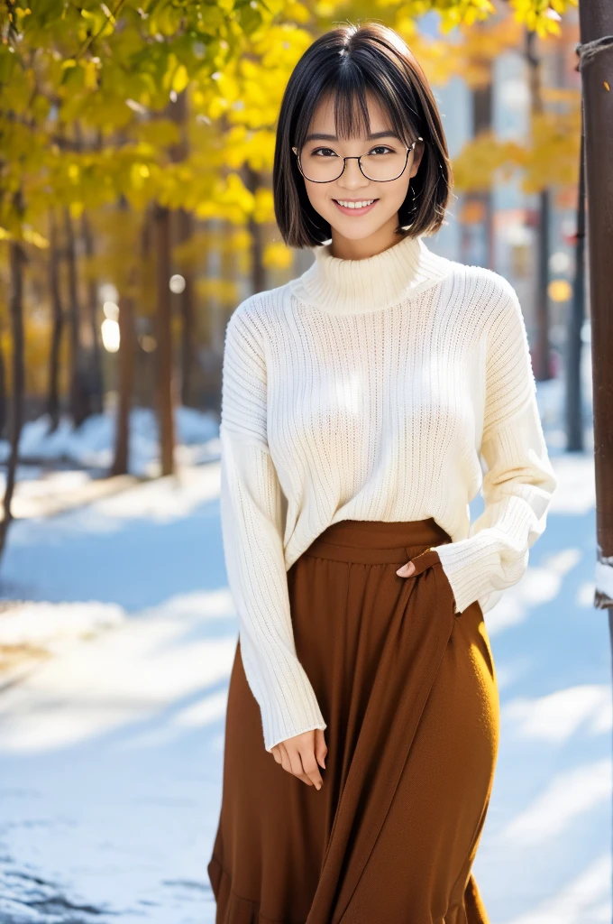 (8k, RAW photo, photorealistic, HQ, masterpiece), (whole body, full body), a cute Japanese girl,(glowing eyes), 
(shy smile), Rimless Glasses, brown hair, fluffy Pixie Bob hair, large breasts, curvy, (A big baggy wool sweater layered over a simply long skirt), 
standing pose, Seductive pose, (winter nature park), 
blurred background, depth of field, natural lighting, backlighting, face lightning, 