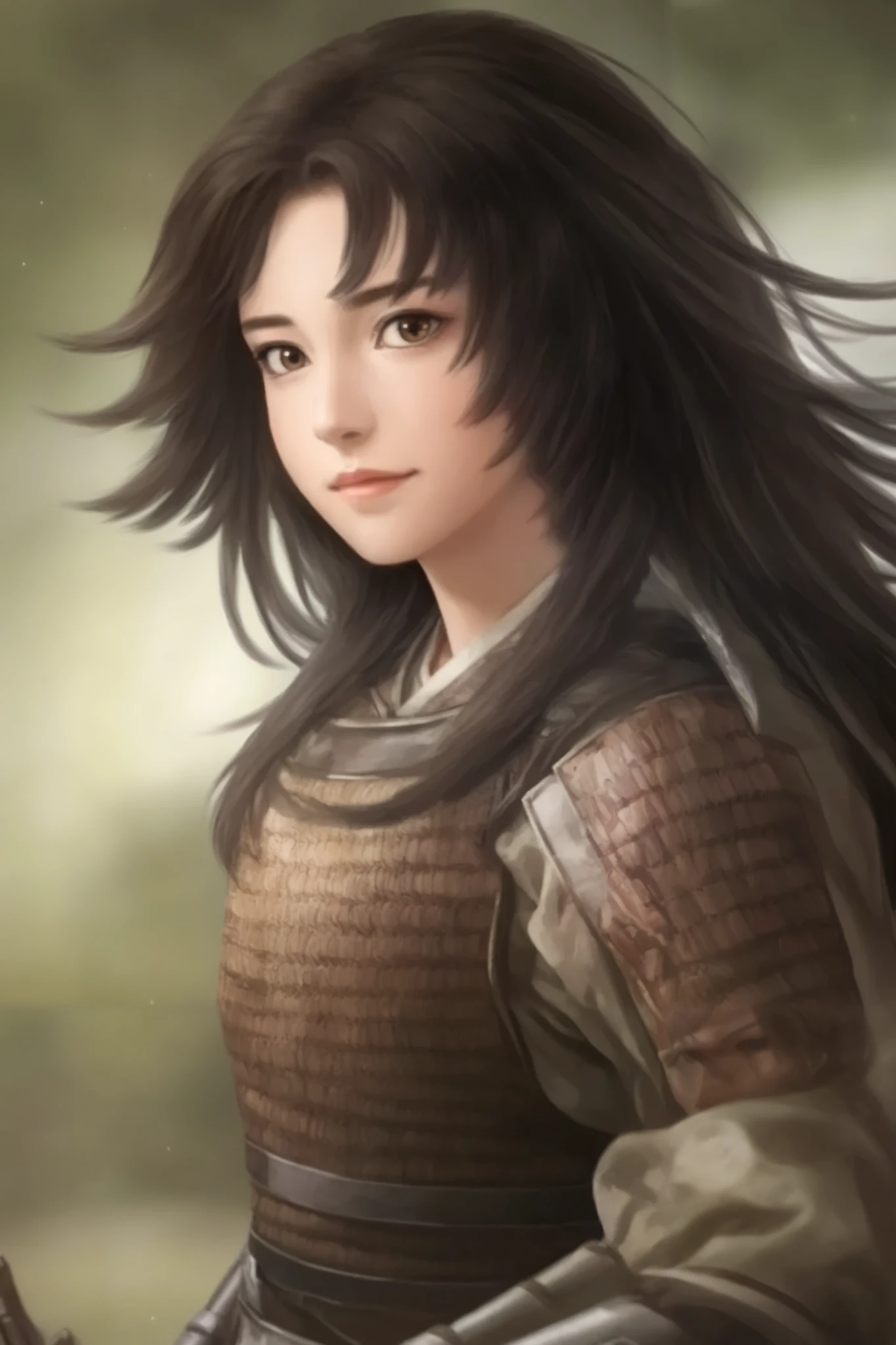   young woman、  Prairie in the morning 、   upper body only、The light in your eyes、 curly eyes  、Two-dimensional elements  、Woman wearing brown Japanese armor、excited face  、Sharp Eyesight 、 Passionate look 、  Long Black Hair 、 big eyes、 High Angle、 planted 