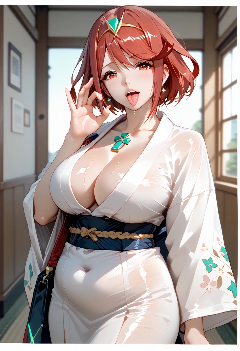 source_anime, masterpiece, best quality, perfect anatomy, very aesthetic, official art, pyra \(xenoblade\), 1girl, red hair, short hair, swept bangs, bob cut, red eyes, solo, traditional media, 
shiny skin, beautiful eyes, natural huge breasts, chubby,
cowboy shot, solo, naughty face, standing in school corridor, beautiful kimono, fellatio gesture, tongue out,