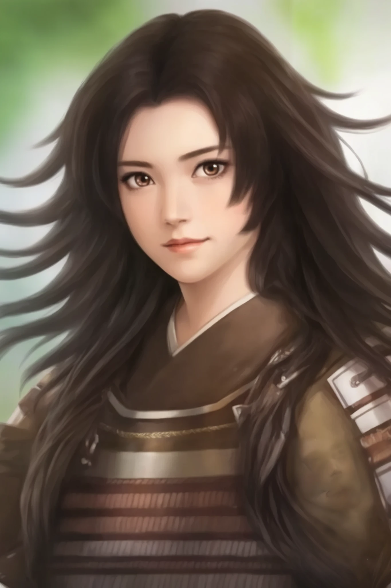   young woman、  Prairie in the morning 、   upper body only、The light in your eyes、 curly eyes  、Two-dimensional elements  、Woman wearing brown Japanese armor、excited face  、Sharp Eyesight 、 Passionate look 、  Long Black Hair 、 big eyes、 High Angle、 planted 