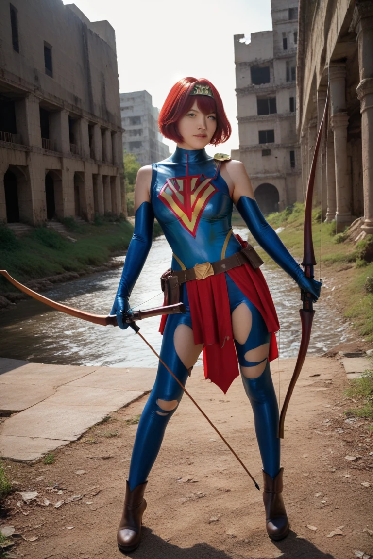 18years-old Japanese girl, very short cut, red hair, super hero costume, torn costume, archery, nsfw, outdoor, (midnight), ruins, Standing in honor, (best quality), (Very Aesthetic), (super detailed), (photorealistic),