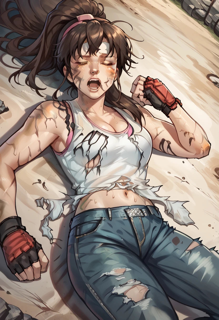 1 girl, HitomiDOA, long dark brown hair in a ponytail, white tanktop, pink hairband, navel, fingerless gloves, jeans, outdoors, laying on the ground, cleavage showing,  (((eyes closed))), mouth slightly open, screaming, ((exhausted)), tired, torn shirt, ripped jeans, ((torn clothes)), sweaty, dirty, in pain, arms at her side, lots of rips in her shirt, skin showing through her clothes