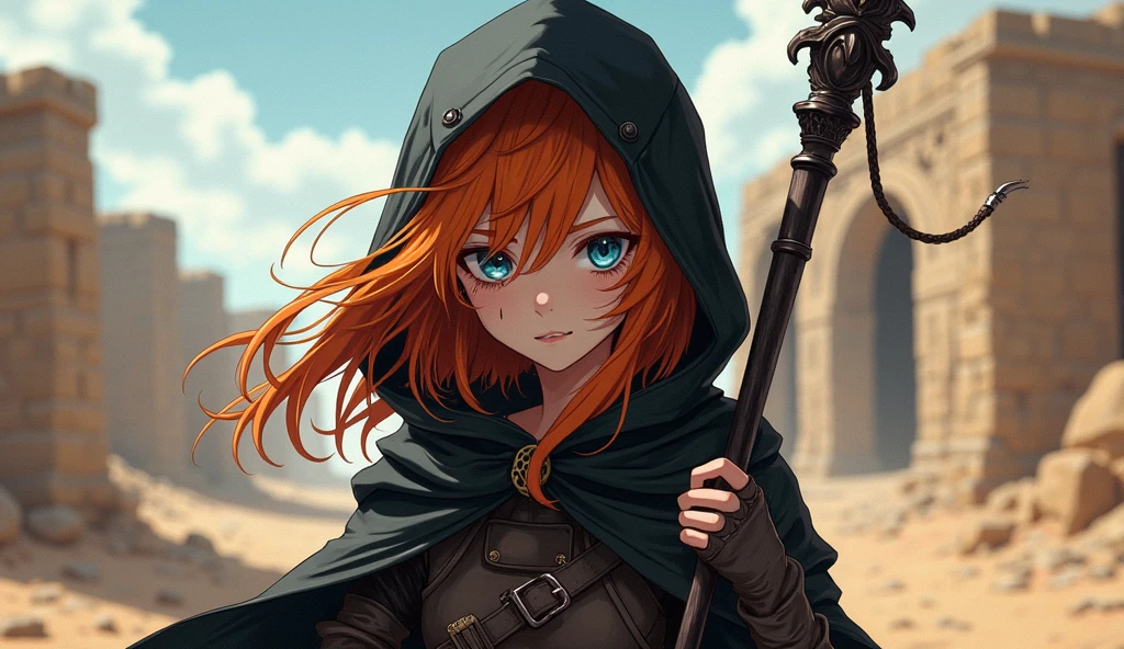 score_9, score_8_up, score_7_up, score_6_up, score_5_up, score_4_up, 1girl, <lora:letsfinalanswer_v4:0.9>, <lora:Emerald_Herald_-_16-8_1batch:1>, solo, upper body, portrait, hair over one eye, brown eyes, brown hair, red hair, cape, hood, hooded cloak, brown gloves, dress, bandages BREAK seaside, standing, wind, sunset, cliff, grass field, clouds,