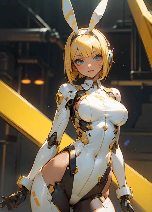 ((masterpiece, best quality, ultra detailed, 8K)), flat colors, medium shot, frontal view, facing straight ahead, medium breasts, ((ultra detailed face)), sobbing cute girl, ((ultra detailed eyes:1.5)), on one knee pose, light brown very short hair with bangs, ivory and gold bikini armor and backpack, cyberpunk-style atrium room, round shaped buildings can be seen in the distance, thunderhead in the sky