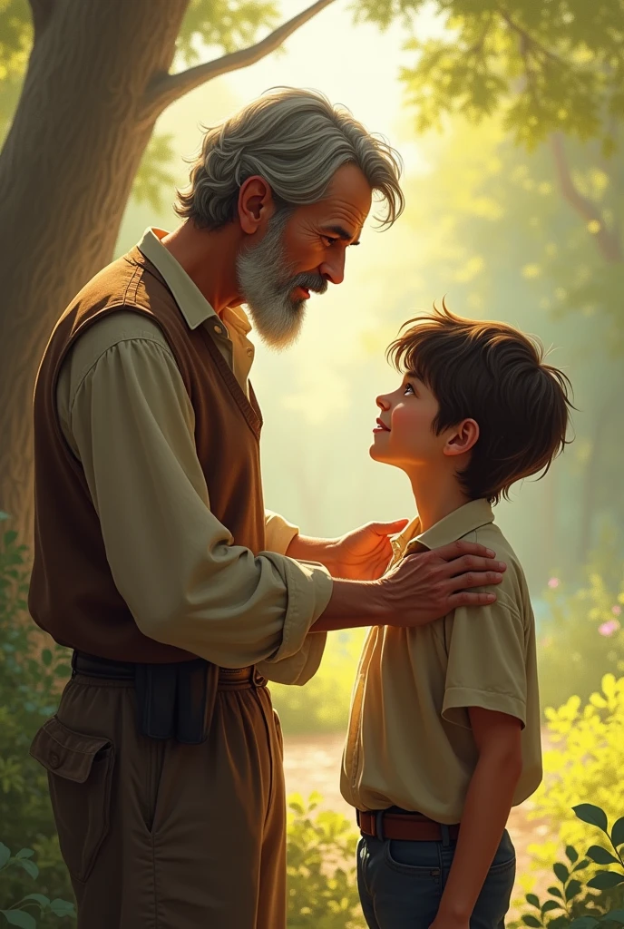 Small boy and a man looking towards each other 
