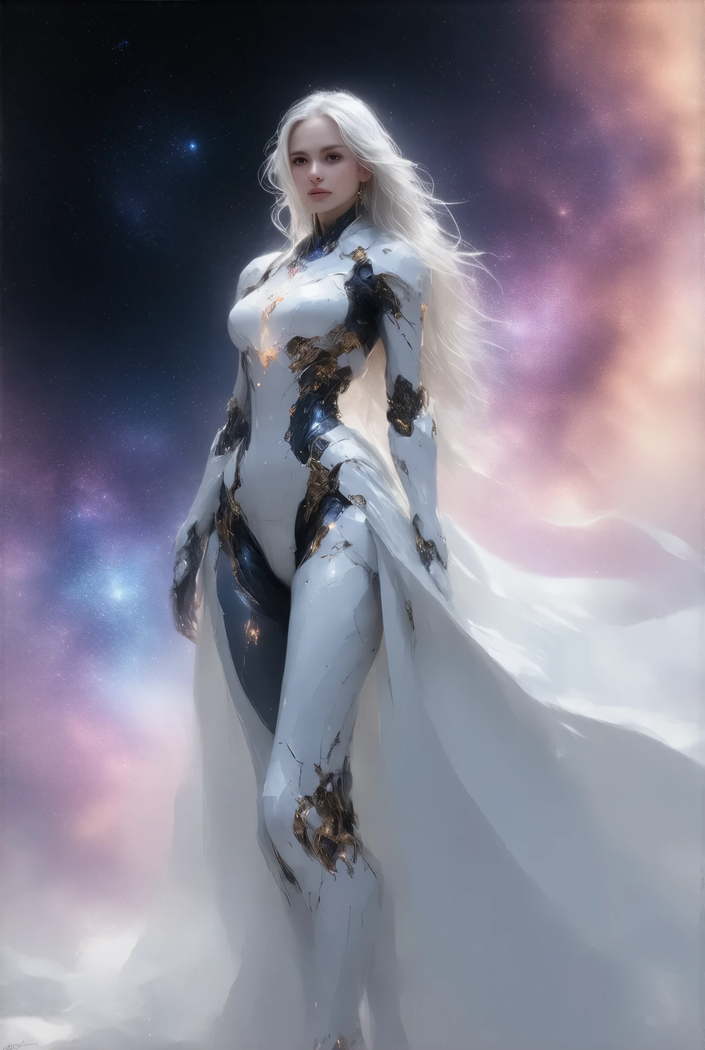 space war, 8K resolution, masterpiece, Highest quality, Award-winning works, unrealistic, Only sexy women, healthy shaped body, Age 25, White wavy long hair, hair band, 、((large breasts:1.2), (huge breasts:1.2), (Uplifted and well-defined bust:1.2), (lifted chest:1.2), (perky breasts :1.2),(deep cleavage:1.4), (Beautiful salmon pink erect nipples:1.5)) and a huge waist, (sexy long legs, whole body picture:1.5), , Space Commander&#39;s Armor, Complex Armor, royal coat of arms, elegant, Very detailed, Digital Painting, artステーション, コンセプトart, Smooth, Sharp focus, shape, artジャム、Greg Rutkowski、Alphonse Mucha、William Adolphe Bouguereau、art：Stephanie Law , Magnificent cosmic background, Royal Jewel, nature, Full Shot, Symmetric, Greg Rutkowski, Charlie Bowwater, beep, Unreal 5, Surreal, Dynamic Lighting, ファンタジーart, Complex colors, Colorful magic circle, flash,  dynamic sexy pose,  A robot suit with a complex structure, Complex colorsのロボットスーツ, Tight robot suit, space war, Movie battle scenes,