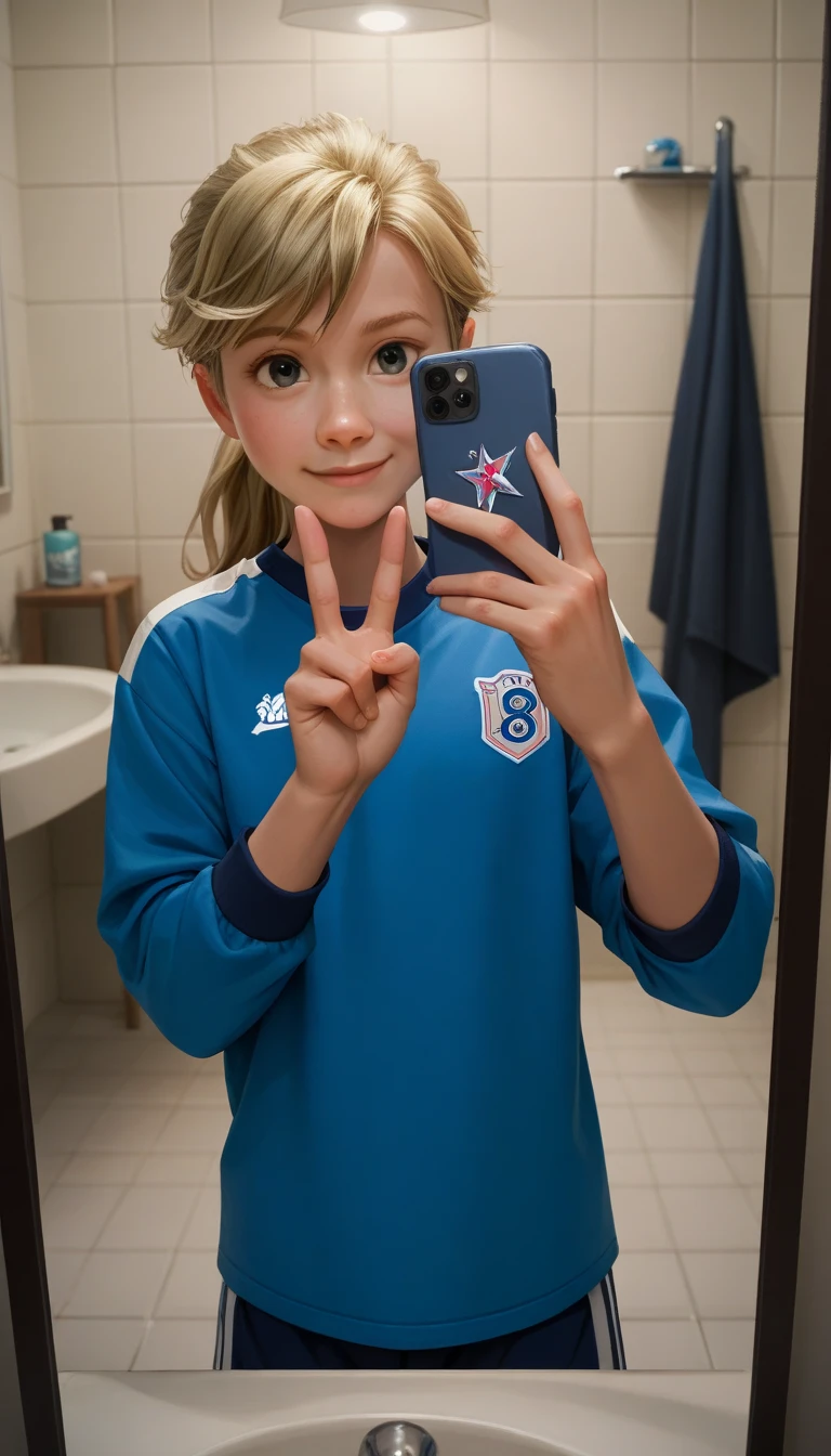 , ri_, 1 ,  blonde hair ,  ponytail, portrait, just the face, smile, peace sign,  from the front , Selfie, device, holding cell phone, bathroom, mirror, hockey uniform