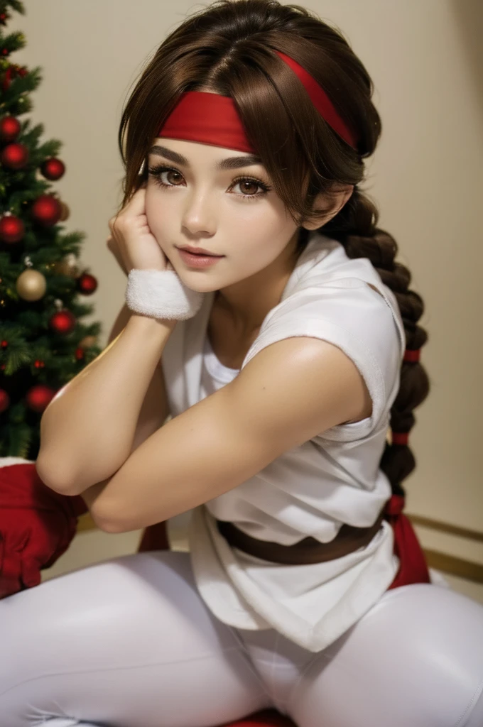 Brown hair, 1woman, sitting, realistic, detailed, beautiful face, Brown eyes, Japan face, makeup, white shirt, BLUE pants, gloves, Christmas tree, Christmas gift, Christmas, perfect hands, red headband, braids, waist, red Christmas hat