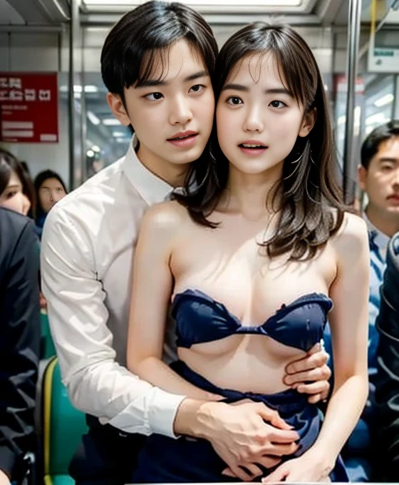 ( top quality、  super high resolution 、(  closes the eye 、  erect nipples )、 small breasts、 Beautiful breasts 、  beautiful expression  、  beautiful face、     beautiful eyes   、  young woman、 Subway car interior background 、  in a crowded train、(  There are a lot of elderly people on the train 々 on board .、   molestation by a man on a train  )、(  man standing behind woman with many hands 、Man grabs woman、 Touching genitals from the front   :1.2、3 males、 1 female 々、 With men、  torn clothes)、Expressions of fear、balance、 Mister.々 Hand touches woman   、Touched by many hands、 viewers extend their right hand 、   one man makes obscene expressions  、 Embrace each other、(  cowboy shot )、(  they push each other    、 slender   、Close contact、  they push each other    、 Man standing in front of woman :1.2)、