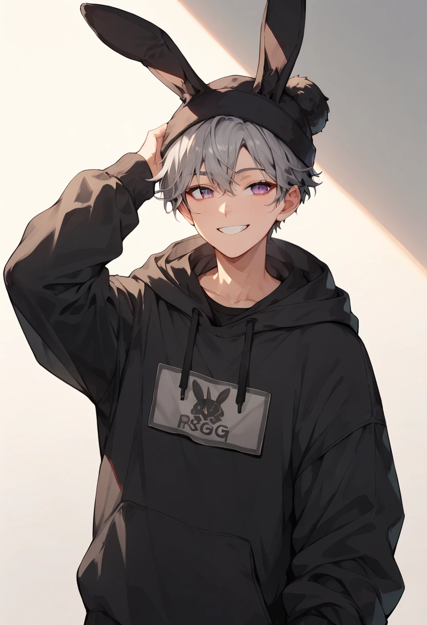 guy, gray hair, winter hat with bunny ears, smile, purple eyes, black hoodie, 