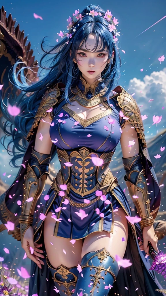  A young Japanese woman , warrior,  Wicked Expression ,,Combat Stance, wielding a sword,  very detailedな,  full body view,(spread legs),    Brilliant Appearance , Creative Action,  Extremely Detailed , Imaginative,  sensual,  Spontaneous ,  top quality,  skin texture,  ((long hair)),  ((hair over eyes)),  ((midnight blue hair)),   toned body,  ((huge breasts)),  Big Breasts,   plump thighs,   purple armor with a thistle flower pattern engraved on it is a bikini type and is designed to emphasize chest exposure,  ( Wear a black cloak with a thistle flower pattern ),  peplum skirt,   black shin guard with thistle flowers engraved ,  White high-leg underwear ,  Black tights,   absolute domain,  intricate details , ( Cinematic Lighting ),  Dramatic lighting,  ((Clear Sky Thunderbolt)),  (( Full bloom thistle flowers are blooming in full bloom in the background )),  (( Large thistle flowers blooming in full bloom on the front )),    RAW photos , 8k, masterpiece,   top quality, ultra detailed , Extremely Detailed イラスト, very detailed,  intricate details , high definition ,超 intricate details, very detailed 8k cg wallpaper,