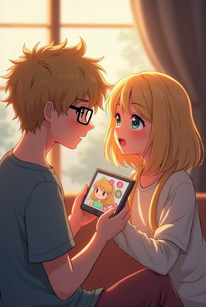 An anime gaming girl with cat ears a crown blonde hair and green eyes bites a gaming boy with brown eyes and brown hair and wearing glasses in the neck
