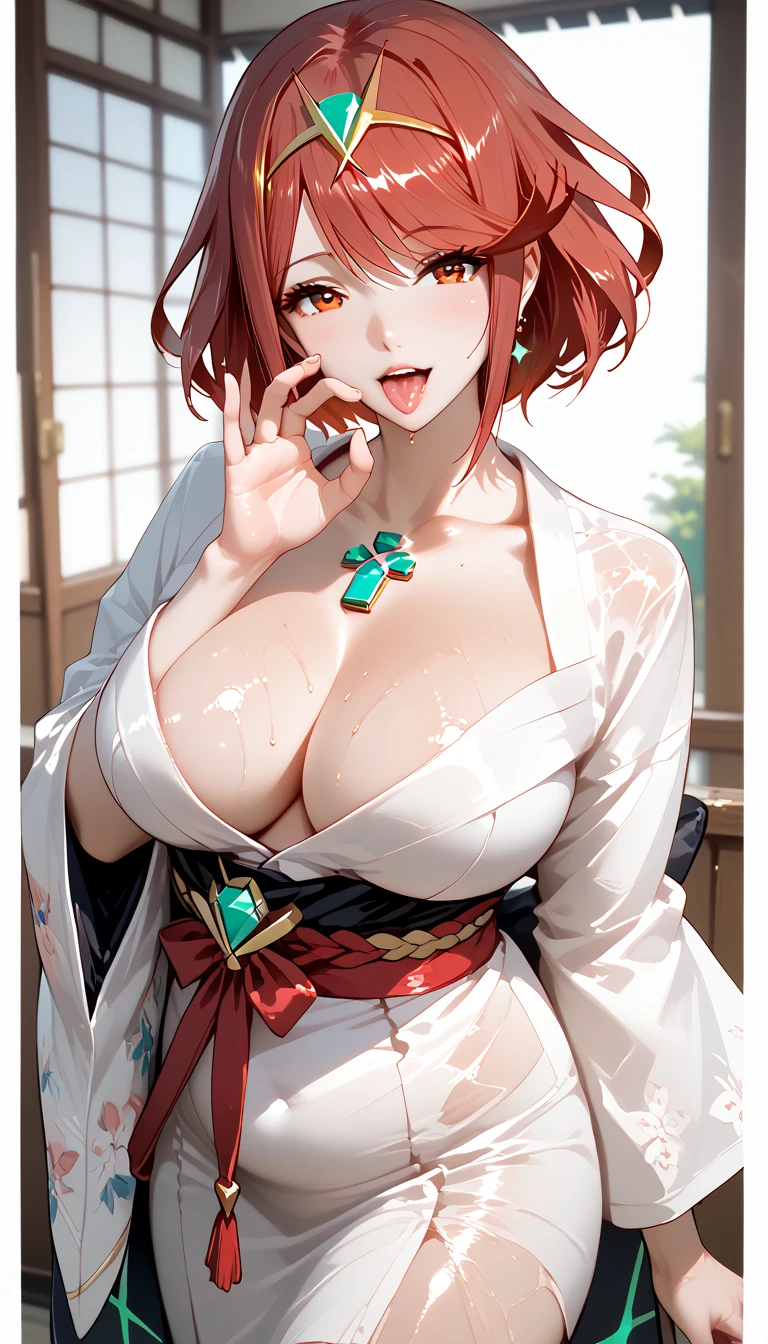 source_anime, masterpiece, best quality, perfect anatomy, very aesthetic, official art, pyra \(xenoblade\), 1girl, red hair, short hair, swept bangs, bob cut, red eyes, solo, traditional media, 
shiny skin, beautiful eyes, natural huge breasts, chubby,
cowboy shot, solo, naughty face, standing in school corridor, beautiful kimono, fellatio gesture, tongue out,