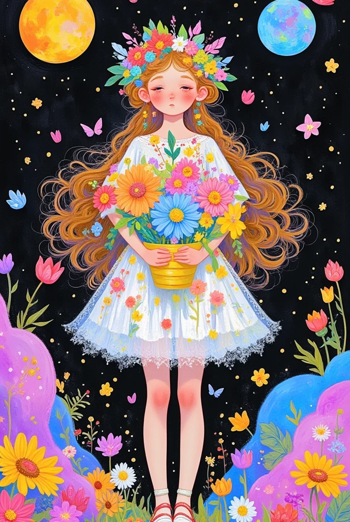 A fantasy artist from the stars, psychedelic art, pointillism, colorful black, a painting with a fairy in a flower pot, whimsical and surreal landscape art, a beautiful art illustration, imaginative surrealism, colorful illustration, highly surreal garden, magical surrealism, lush garden spaceship, Shin Jin Hye Art, blooming, highly imaginative, by Totte Wu, friendly, Wenjun Lin, surrealism, dreamlike COVID-19 painting