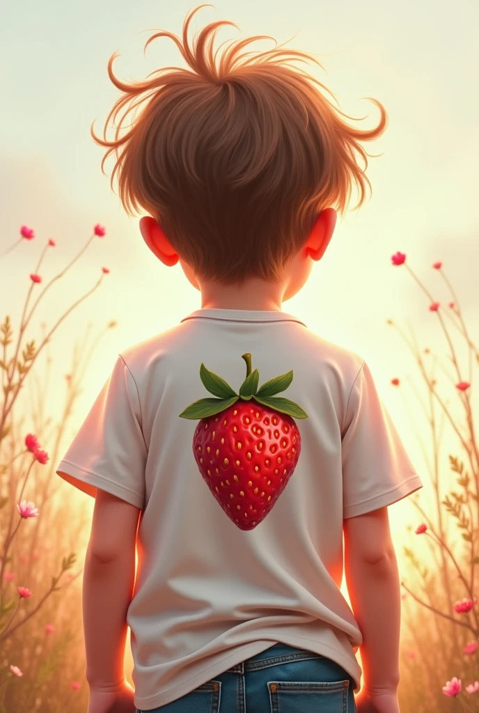 Create an old movie scene where there is a boy walking through a field of strawberries