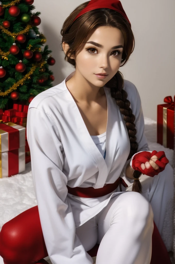 Brown hair, 1woman, sitting, realistic, detailed, beautiful face, Brown eyes, Japan face, makeup, white shirt, (BLUE pants), gloves, Christmas tree, Christmas gift, Christmas, perfect hands, red headband, braids, waist, red Christmas hat
