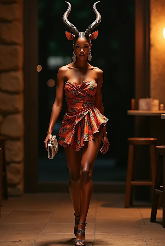 (best quality:1.5), (hyperrealistic:1.5), 1woman, solo, 32_year_old_ivorian_woman, (tall_toned_body), curly_short_black_haired, brown_eyed, chocolate_ebony_skin, (orange_long_dress), walking_elegantly_in_the_restaurant_lounge, (starry_night_outside_window), front_view, side_view, smiling, (sexy_sandals)