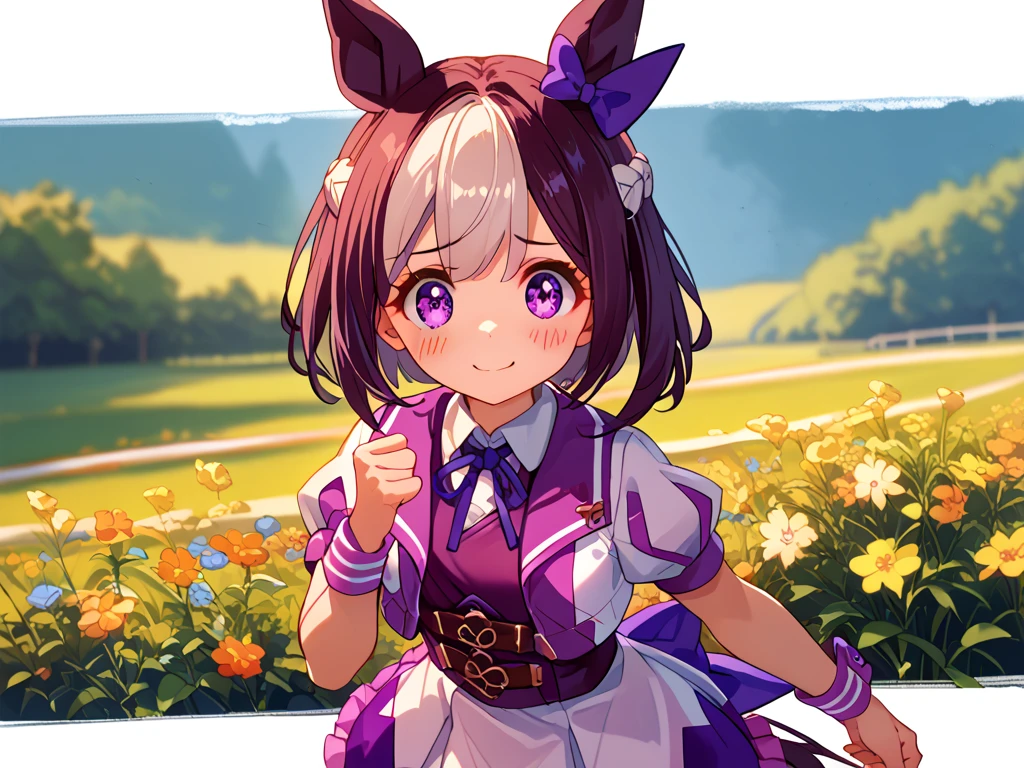 best quality, absurdres, masterpiece, 1人の女の子
special week \(Uma Musume\), 
ear bow, purple bow, puffy short sleeves, neck ribbon, blue ribbon, cropped jacket, white jacket, two-tone jacket, collared shirt, white shirt, purple vest, wristband, wrist cuffs, white skirt, pleated skirt, two-tone skirt, frilled skirt, frills,   zettai ryouiki, white thighhighs, white footwear, purple footwear, asymmetrical footwear, mismatched footwear, Durable sneakers, glad, smiling, embarrassed, standing, looking at viewer, in the field of flowers, surrounded by stars and stardust, at midnight, cute, beautiful, upper body, from front, moonlight