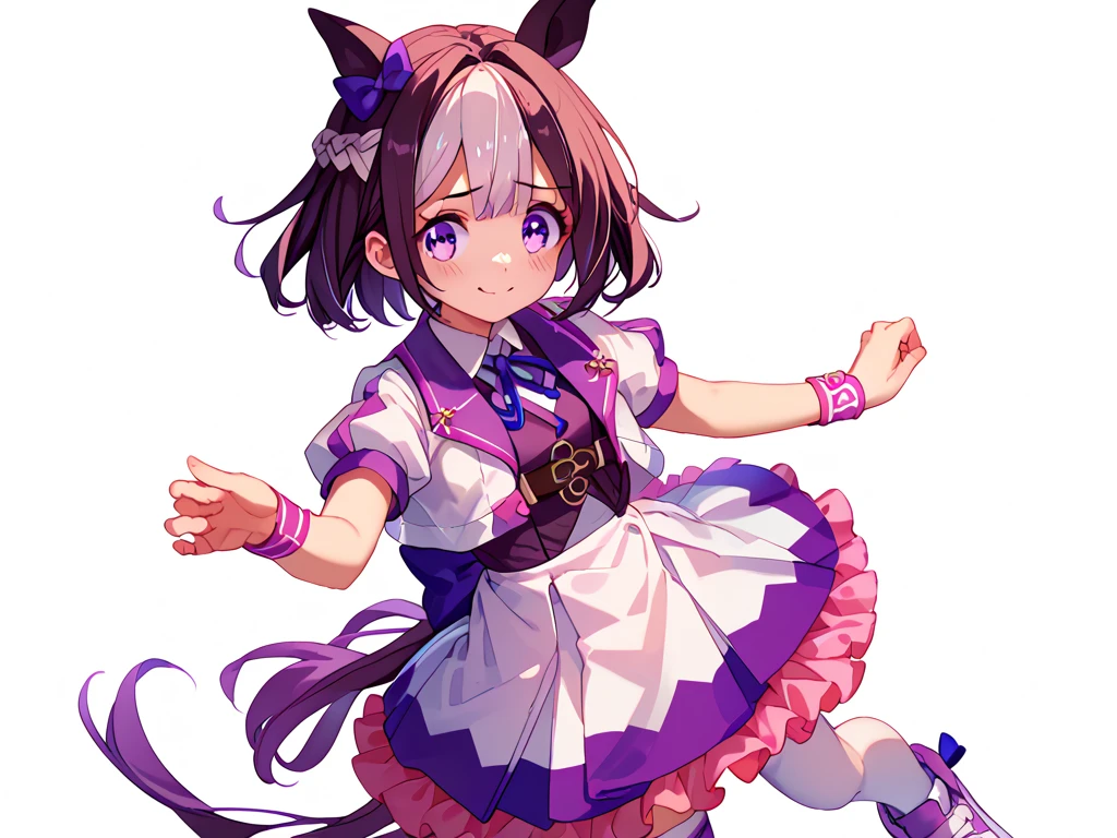 best quality, absurdres, masterpiece, 1人の女の子
special week \(Uma Musume\), 
ear bow, purple bow, puffy short sleeves, neck ribbon, blue ribbon, cropped jacket, white jacket, two-tone jacket, collared shirt, white shirt, purple vest, wristband, wrist cuffs, white skirt, pleated skirt, two-tone skirt, frilled skirt, frills,   zettai ryouiki, white thighhighs, white footwear, purple footwear, asymmetrical footwear, mismatched footwear, Durable sneakers, glad, smiling, embarrassed, standing, looking at viewer, in the field of flowers, surrounded by stars and stardust, at midnight, cute, beautiful, upper body, from front, moonlight