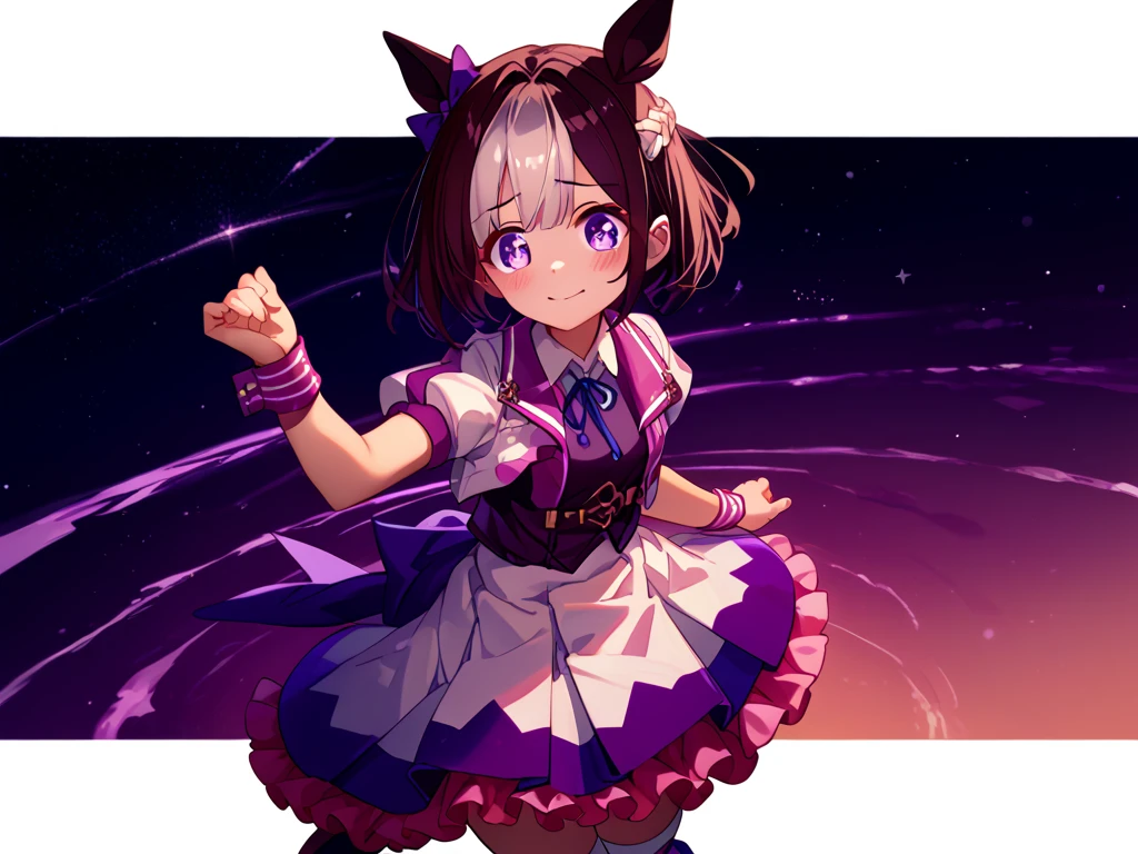 best quality, absurdres, masterpiece, 1人の女の子
special week \(Uma Musume\), 
ear bow, purple bow, puffy short sleeves, neck ribbon, blue ribbon, cropped jacket, white jacket, two-tone jacket, collared shirt, white shirt, purple vest, wristband, wrist cuffs, white skirt, pleated skirt, two-tone skirt, frilled skirt, frills,   zettai ryouiki, white thighhighs, white footwear, purple footwear, asymmetrical footwear, mismatched footwear, Durable sneakers, glad, smiling, embarrassed, standing, looking at viewer, in the field of flowers, surrounded by stars and stardust, at midnight, cute, beautiful, upper body, from front, moonlight