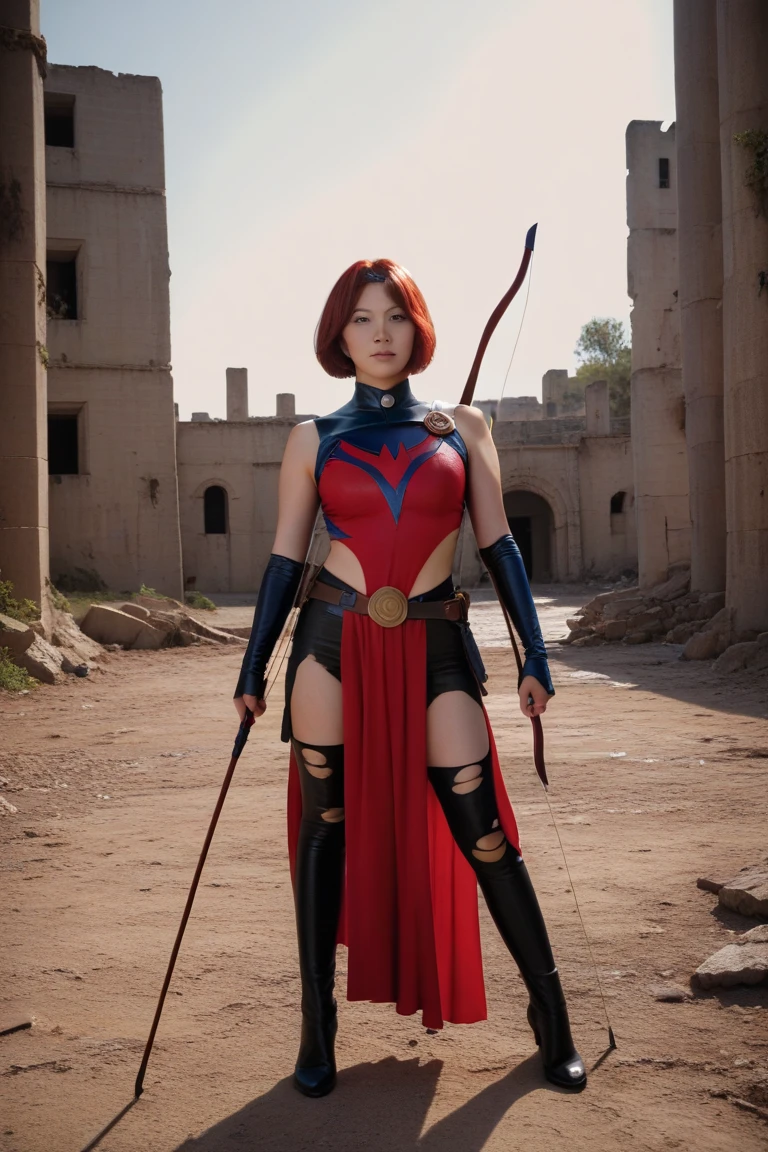 18years-old Japanese girl, very short cut, red hair, super hero costume, torn costume, archery, nsfw, outdoor, (midnight), ruins, Standing in honor, (best quality), (Very Aesthetic), (super detailed), (photorealistic),