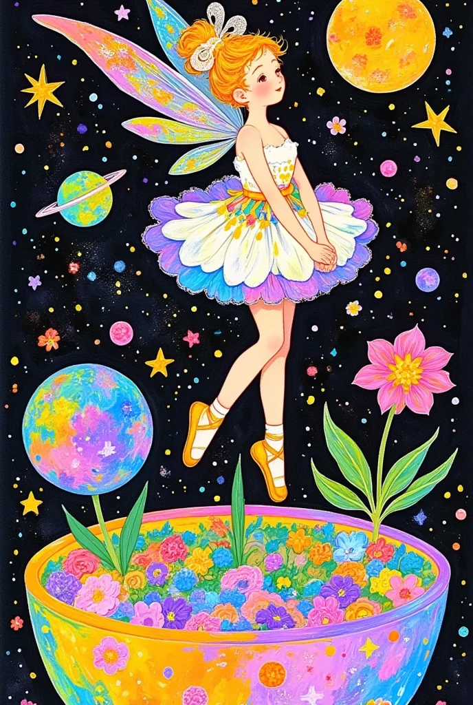 A fantasy artist from the stars, psychedelic art, pointillism, colorful black, a painting with a fairy in a flower pot, whimsical and surreal landscape art, a beautiful art illustration, imaginative surrealism, colorful illustration, highly surreal garden, magical surrealism, lush garden spaceship, Shin Jin Hye Art, blooming, highly imaginative, by Totte Wu, friendly, Wenjun Lin, surrealism, dreamlike COVID-19 painting