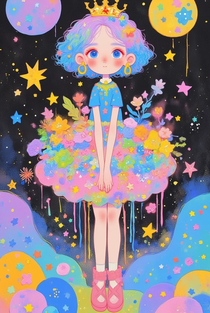 A fantasy artist from the stars, psychedelic art, pointillism, colorful black, a painting with a fairy in a flower pot, whimsical and surreal landscape art, a beautiful art illustration, imaginative surrealism, colorful illustration, highly surreal garden, magical surrealism, lush garden spaceship, Shin Jin Hye Art, blooming, highly imaginative, by Totte Wu, friendly, Wenjun Lin, surrealism, dreamlike COVID-19 painting