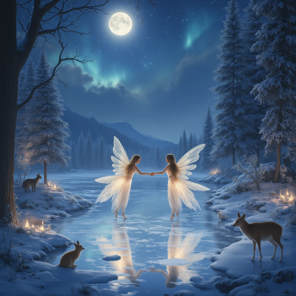 Two ethereal lake fairies with translucent wings and shimmering gowns dance gracefully on the ice, frozen lake surrounded by a dense, snow covered forest, the moonlight reflects on the icy surface, woodland animals such as deer, foxes, owls, and rabbits gather quietly, watching the mesmerizing performance, the trees are draped in frost, the night sky is filled with twinkling stars and faint auroras, silvery, dreamlike atmosphere,magical, enchanting mood,otherworldly mood,perfect harmony,delicate,kaleidoscope of colors,fantasy, ethereal, serene,magical, elegant, glowing,cinematic composition, captivating,detailed fantasy landscape,dramatic lighting, highly detailed, 8k, photorealistic, masterpiece,best quality