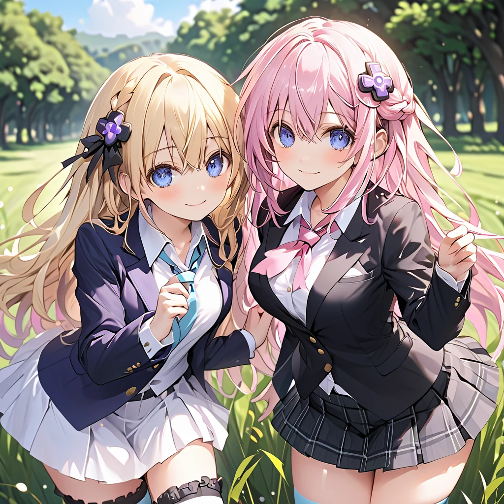 ( two girls),break,(one girl),Green \(Neptunia )\, blonde hair, blue eyes, smile,long hair, french braid, sidelocks, small breasts, narrow waist, wide hips, (Black blazer:1.1)、(Regular necktie:1.1)、( black plaid mini skirt:1.1)、(bridal garter:1.５),break,
(another girl),Nepgear, d-pad hair ornament,smile, (Black blazer:1.5)、yellow neckherchief,、( black plaid mini skirt:1.5)、(Thighs),striped thighhighs,,grassland、blue sky、 cowboy shot 、 ( perfect anatomy ),( best quality), ( ultra hi-res), (超 high definition ), , ( Highly Detailed CG), (32K), (masterpiece)、eyesHD