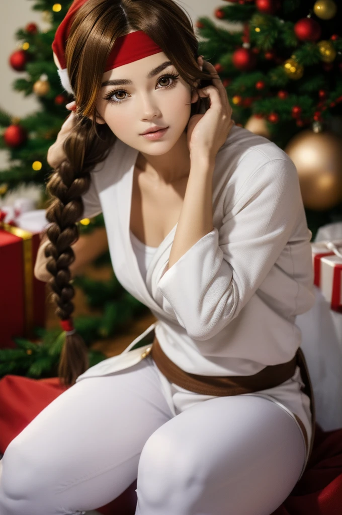 Brown hair, 1woman, sitting, realistic, detailed, beautiful face, Brown eyes, Japan face, makeup, white shirt, (BLUE pants), gloves, Christmas tree, Christmas gift, Christmas, perfect hands, red headband, braids, waist, red Christmas hat