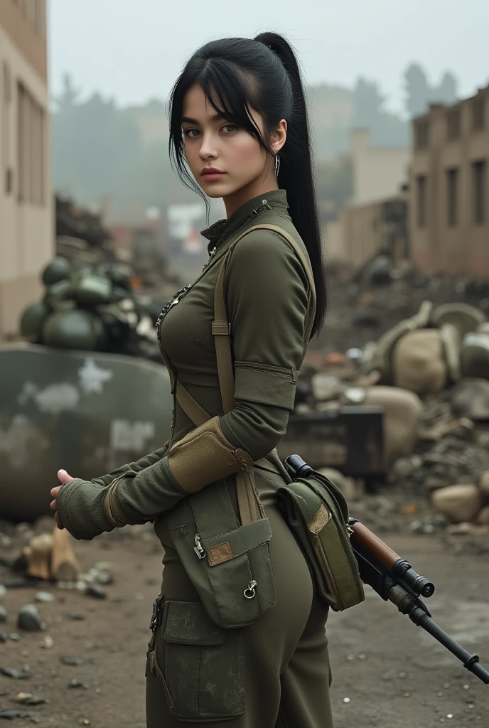 Young, White,  dark haired ,  green eyes, 18 years old,  ponytail, skinny model , warrior, torn soldier clothes, weapons at the waist, in the war, posing with his back to the camera