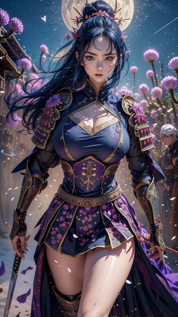  A young Japanese woman , warrior,  Wicked Expression ,,Combat Stance, wielding a sword,  very detailedな,  full body view,(spread legs),    Brilliant Appearance , Creative Action,  Extremely Detailed , Imaginative,  sensual,  Spontaneous ,  top quality,  skin texture,  ((long hair)),  ((hair over eyes)),  ((midnight blue hair)),   toned body,  ((huge breasts)),  Big Breasts,   plump thighs,   purple armor with a thistle flower pattern engraved on it is a bikini type and is designed to emphasize chest exposure,  ( Wear a black cloak with a thistle flower pattern ),  peplum skirt,   black shin guard with thistle flowers engraved ,  White high-leg underwear ,  Black tights,   absolute domain,  intricate details , ( Cinematic Lighting ),  Dramatic lighting,  ((Clear Sky Thunderbolt)),  (( Full bloom thistle flowers are blooming in full bloom in the background )),  (( Large thistle flowers blooming in full bloom on the front )),    RAW photos , 8k, masterpiece,   top quality, ultra detailed , Extremely Detailed イラスト, very detailed,  intricate details , high definition ,超 intricate details, very detailed 8k cg wallpaper,