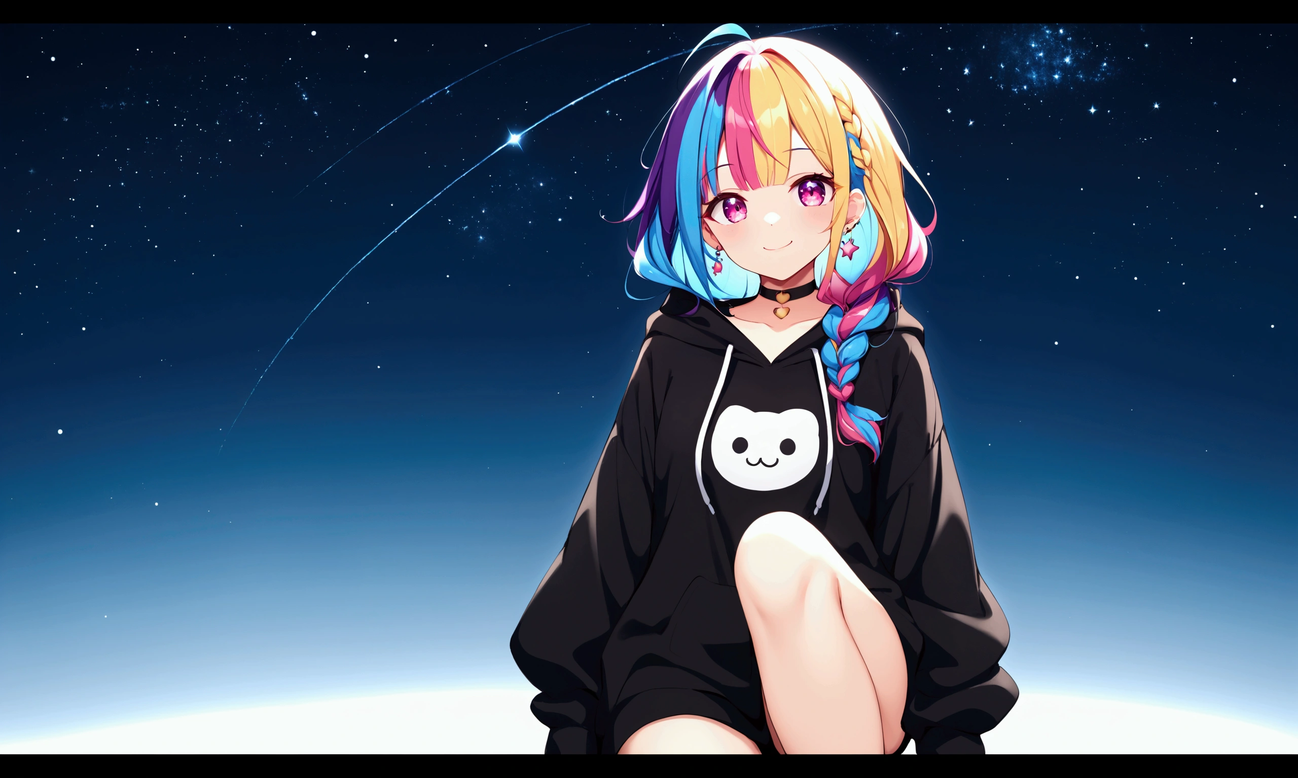 letterboxed+++, flat-breast++++, oversized hoodie c++++, oversized t-shirt casual, oversized hoodie c++++, artwork++++, 1girls, solo, super fine illustration, an extremely cute and beautiful girl, highly detailed beautiful face and eyes, multicolored hair++, bub cut+++, masterpiece, cute++, rainbow hair, two-tone hair, 1girls, multicolored hair c++, bare legs, solo, smile, multicolored hair c++, rainbow hair, two-tone hair, colorful looks, choker, watch, gradient background, earrings, braid+++, starry sky, hoodie,