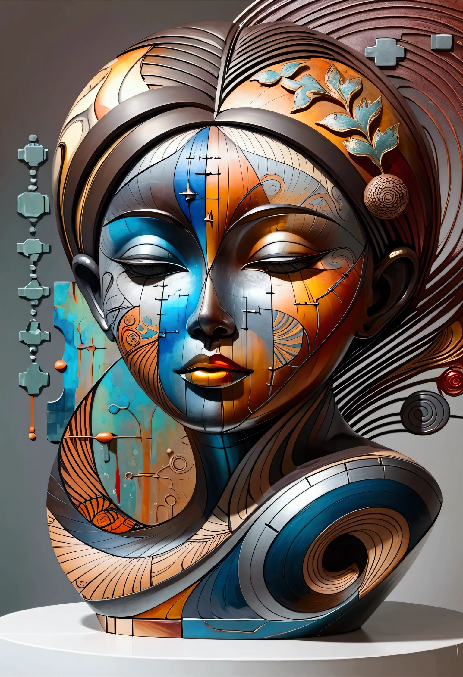 abstract sculpture ,Young woman(Thai style)half body,abstract art,Surreal