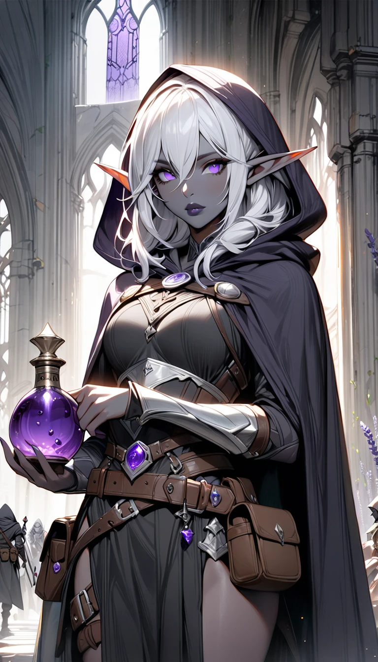 Drow,  Pointed ears, Solitary, Elf, hood, Skin of color, looking at the audience, Long silver hair, cloak, dark Elf, hood up, cape, hooded cloak, belt, pouch, Lavender-colored eyes, Gray skin, arms, Lips, armor, Black/White Badge, potion belt, smith tools on belt,((masterpiece, best quality))