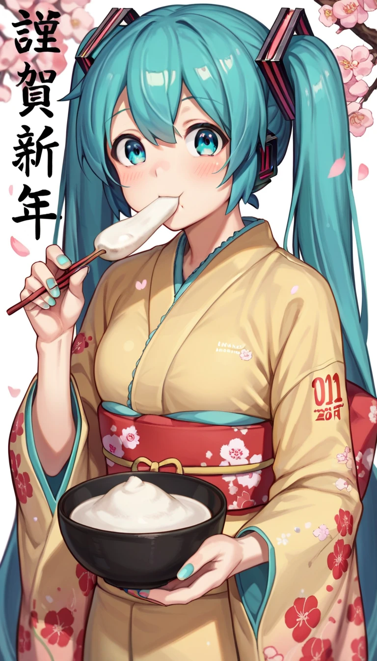 score_9, score_8_up, score_7_up,  1 girl, Happy New Year,  Hatsune Miku , kimono, Japanese clothing, cherry blossom background ,  eating mochi、Mochi that extends 20 cm from the mouth、chopsticks、Tea bowl