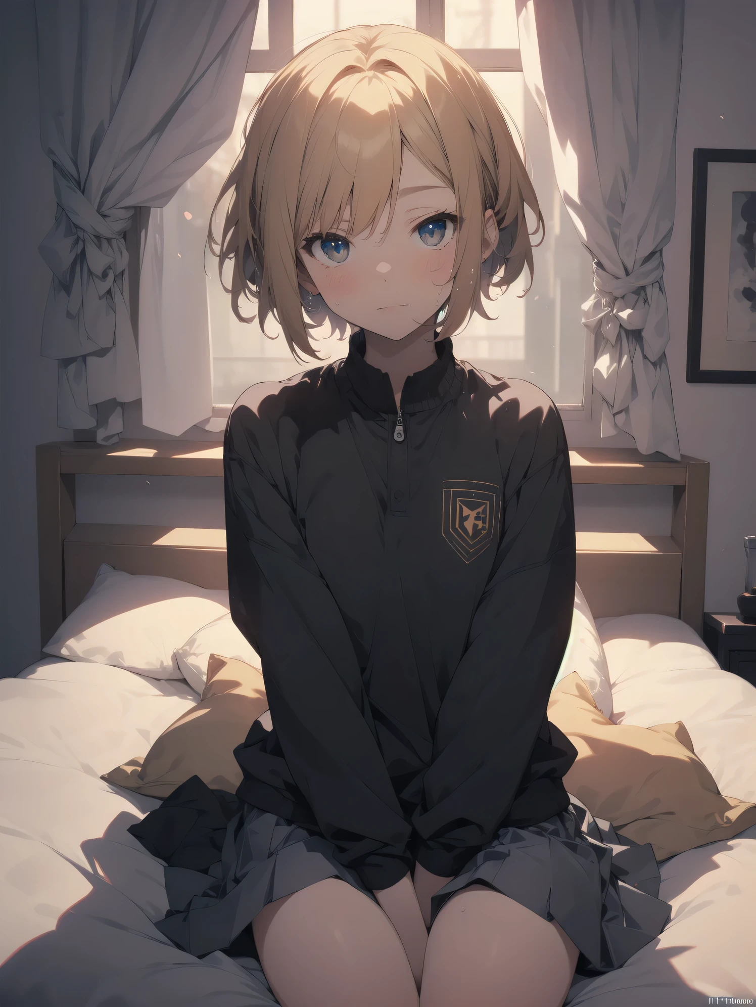 AS-Younger, masterpiece, best quality, 1girl, tanya short hair, ponytail, bomber jacket, sitting, cowboy shot, tank top, spread legs, lolicon body, pussy,