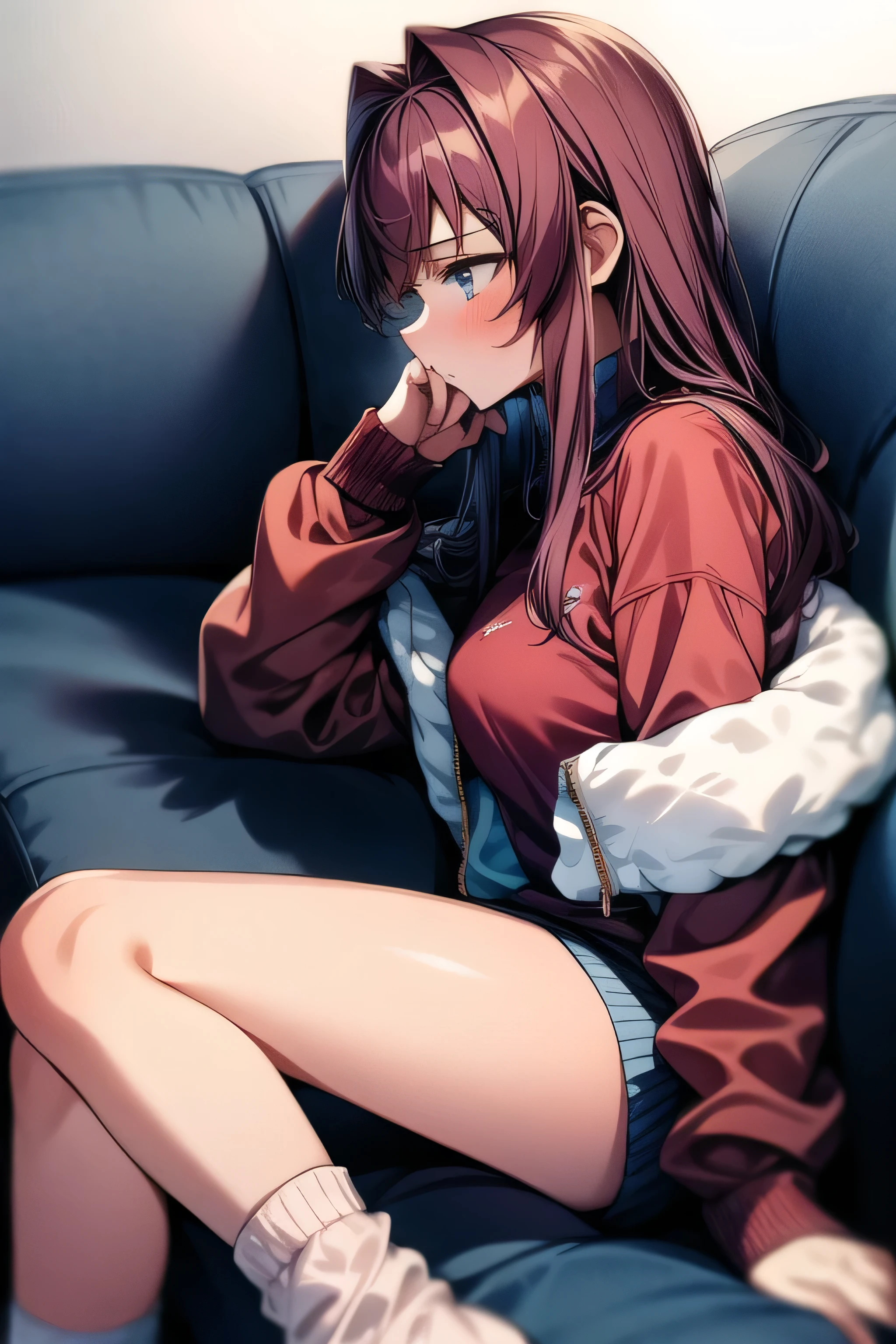 masterpiece, 1 girl, 18 years old, Alone ,Melancholy profile , miniskirt, Winter clothes, Loungewear, Fluffy,   lean forward ,  long socks, Sitting beside me on the couch, 