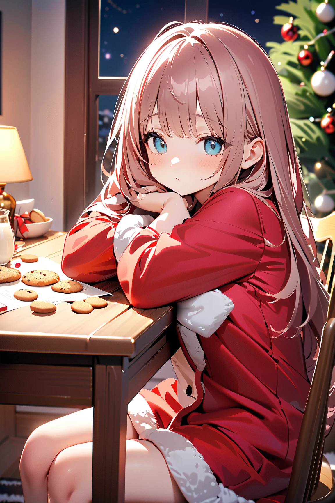 1 girl, (cute face), , long hair, (sleepy expression), (head resting on a table), medium breasts, slim, (wearing festive pajamas with whimsical patterns), knee length, (fair skin),  
BREAK  
Cozy living room, decorated with Christmas lights, cookies and milk on the table, (sitting at the table with droopy eyes:1.2), (dreaming of Santa:1.2), indoors  
BREAK  
(warm lighting, cheerful decorations, playful details), humorous and cozy atmosphere, character focus,  
BREAK  
high fantasy, game cg, absurdres, highres, ultra detailed, beautiful, (masterpiece), (best quality:1.2),
